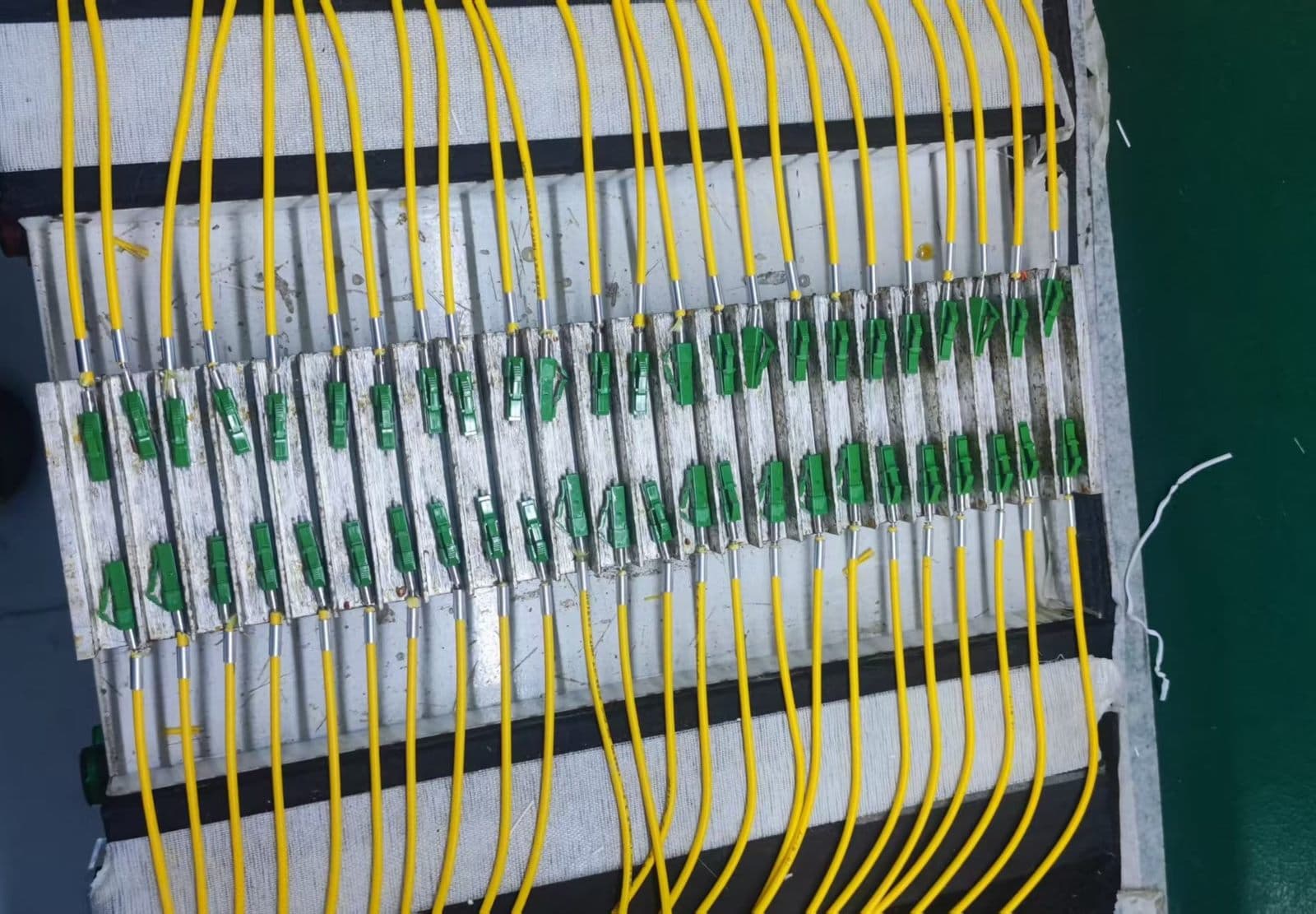 Rows of fiber patch cords connected to a batch test bench with green connectors