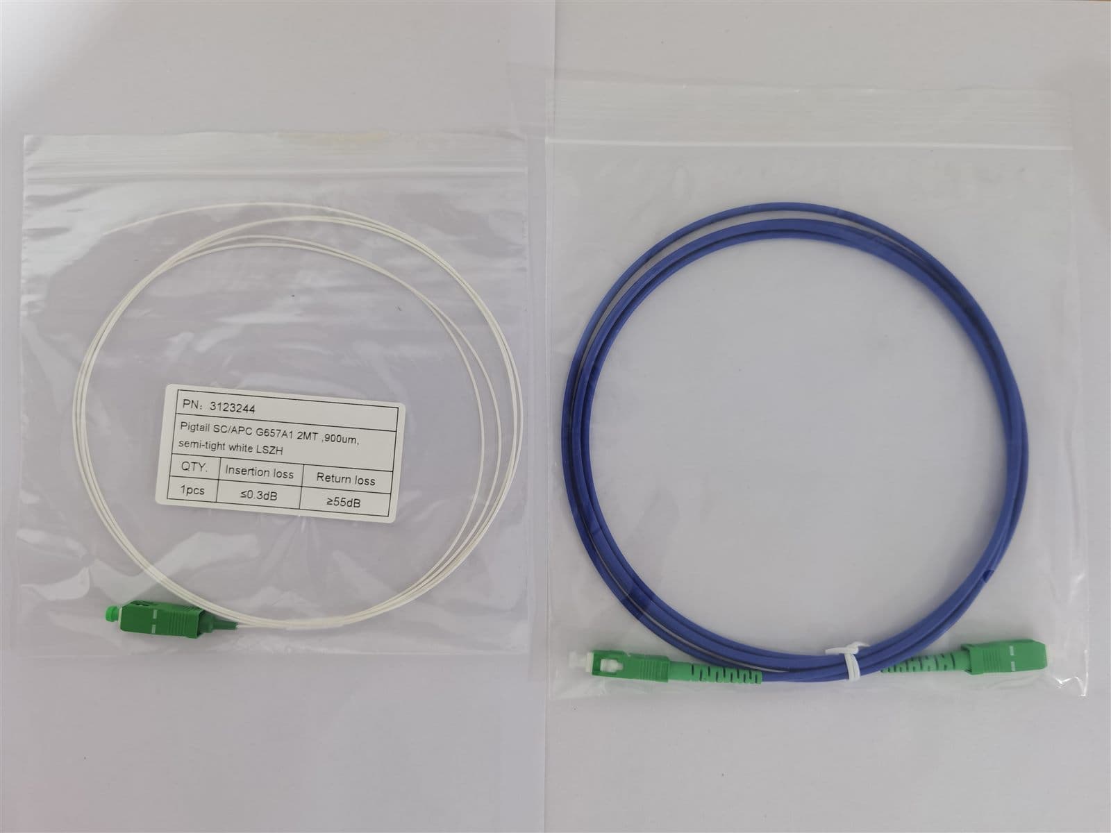 Multimode and single mode patch cords side by side showing jacket and ferrule differences