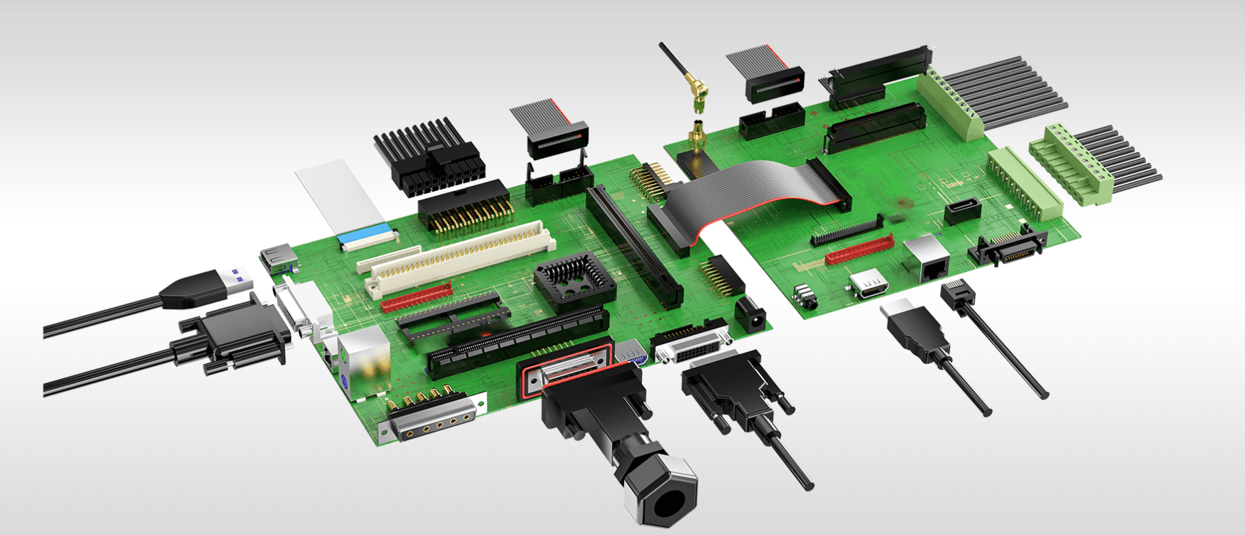 Electronic connector and control board assembly used in industrial applications