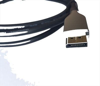 Vista macro di un connettore DisplayPort ad angolo retto su cavo nero