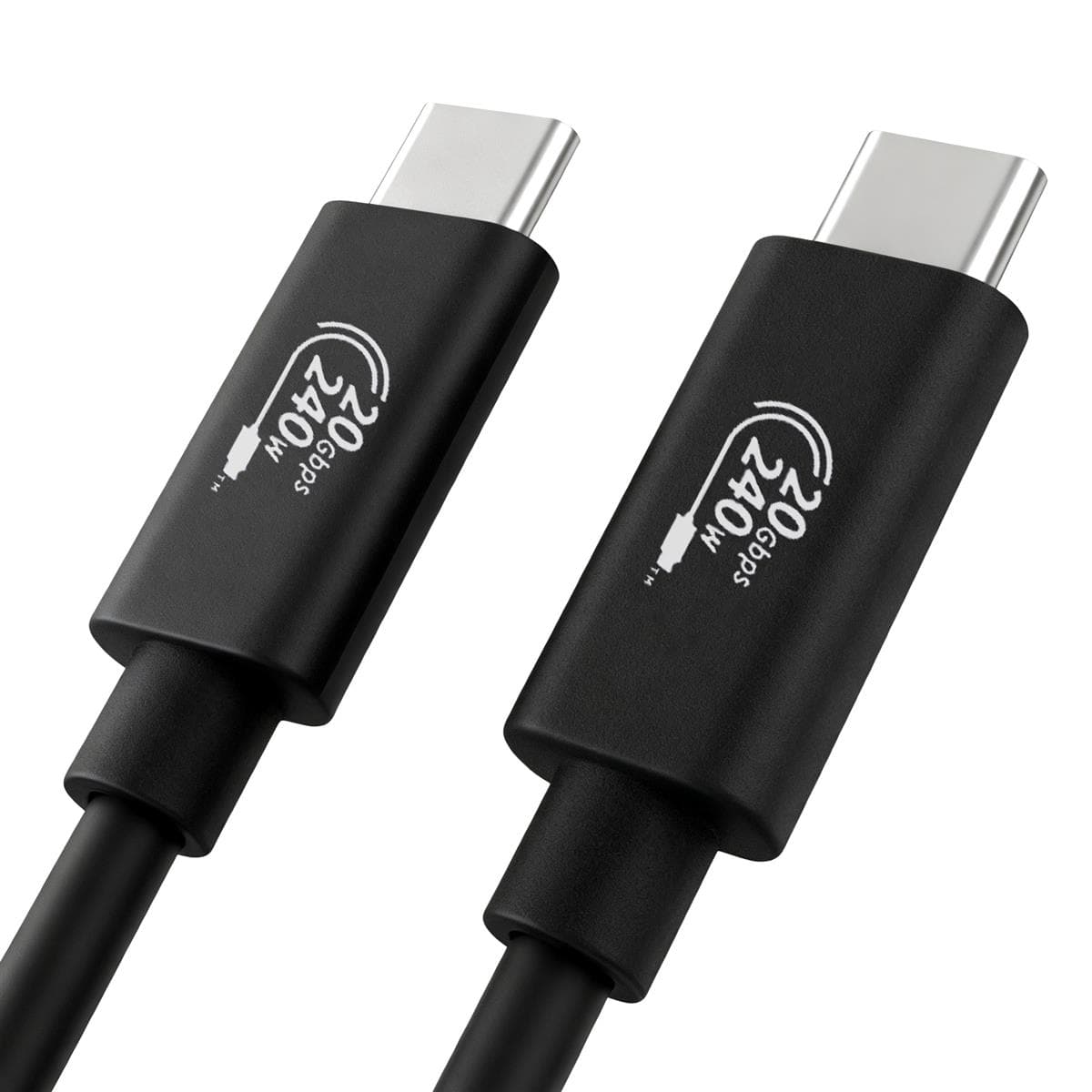 Macro view of a USB-C cable connector marked 240W and 20Gbps