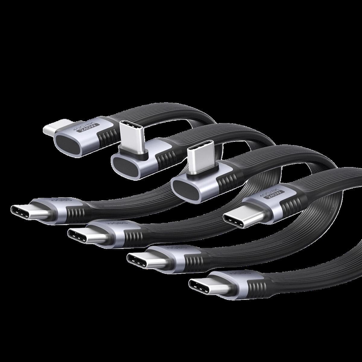 Range of USB-C cable connectors in black, gunmetal and aluminium finishes